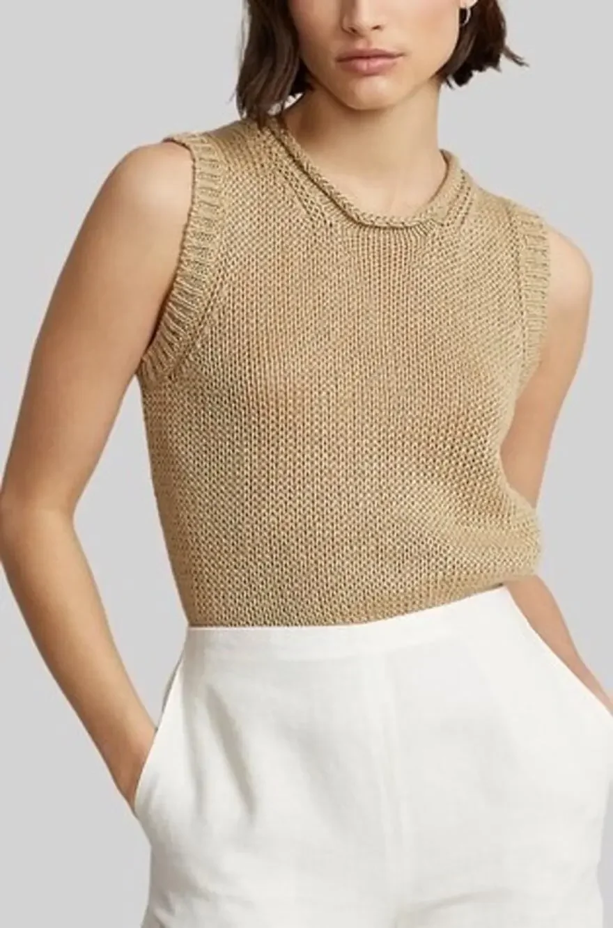 Polo Ralph Lauren Linen Cotton Tan Knit Sleeveless Crewneck Sweater Vest Size L